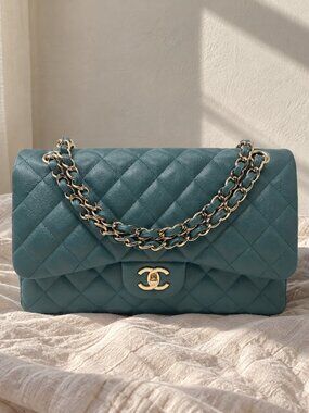 Chanel Green Flap Bag Jumbo Caviar Gold Hardware